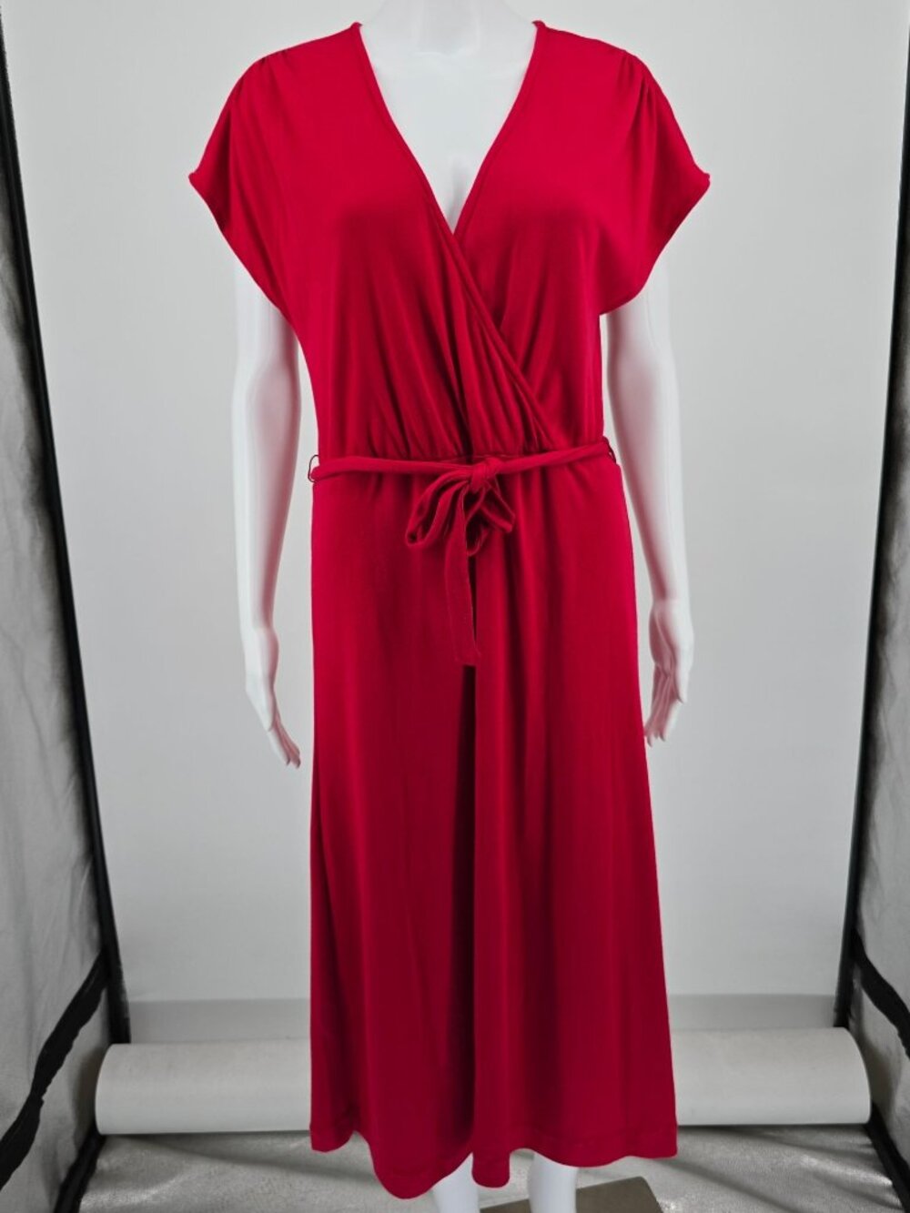 Vintage 1980s Dayne Taylor Red Surplice Faux Wrap Belted Midi Dress (12/L)
